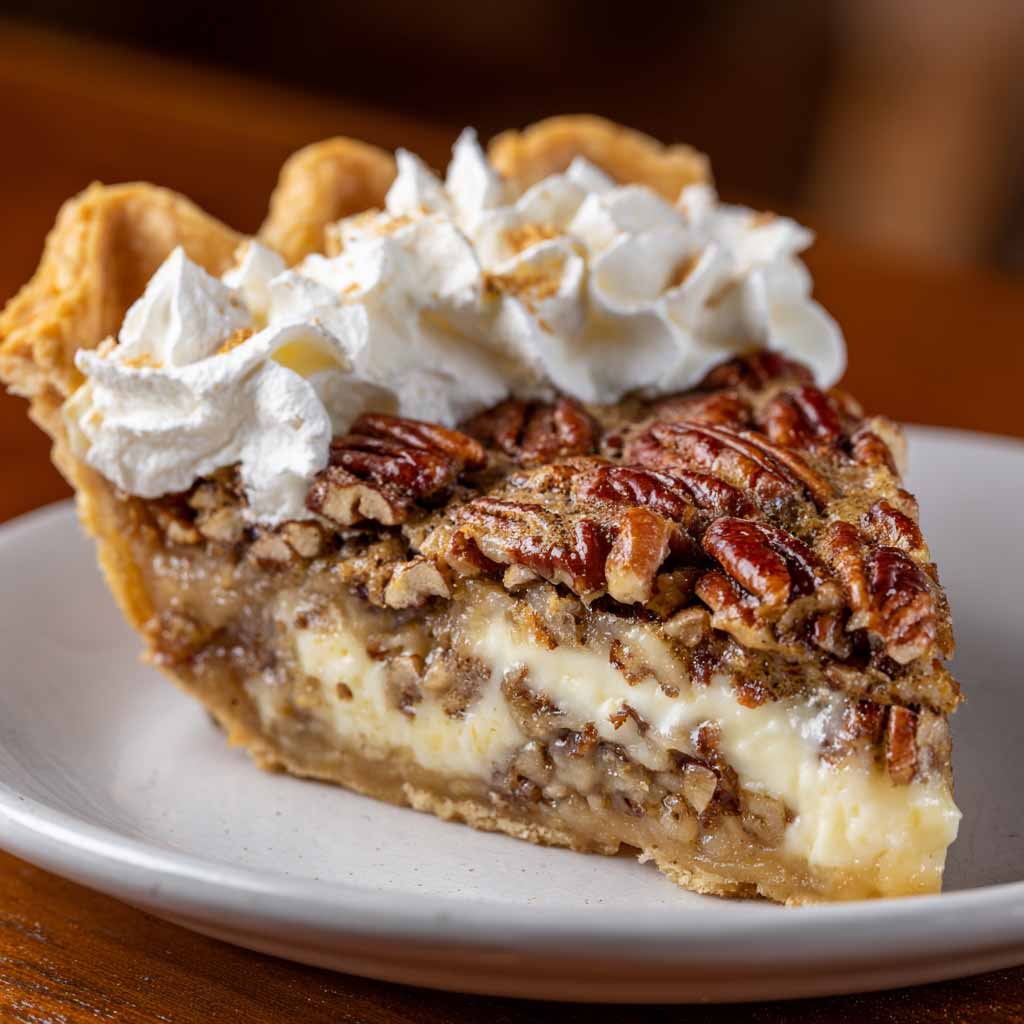 Creamy pecan pie with a smooth filling and crunchy toasted pecans on top.