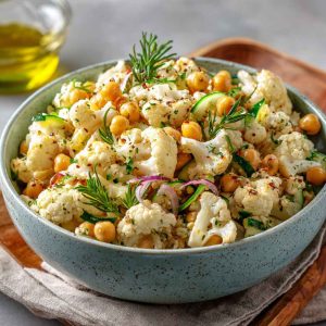 Cauliflower and chickpea salad with fresh herbs and a light dressing.