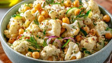 Cauliflower and chickpea salad with fresh herbs and a light dressing.