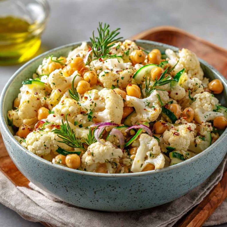 Cauliflower and chickpea salad with fresh herbs and a light dressing.