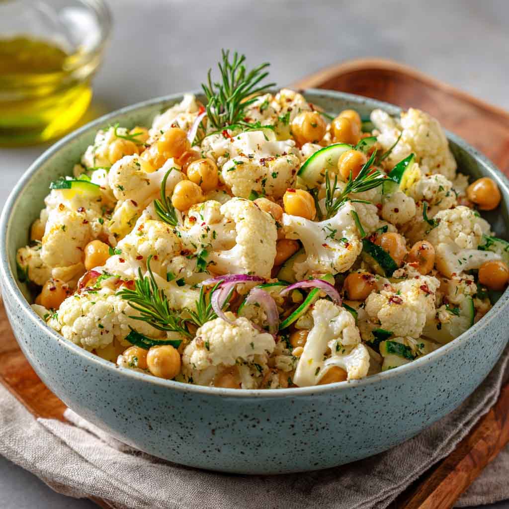Cauliflower and chickpea salad with fresh herbs and a light dressing.