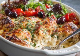Greek chicken casserole with herbs, lemon, and baked vegetables in a single dish.