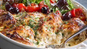 Greek chicken casserole with herbs, lemon, and baked vegetables in a single dish.