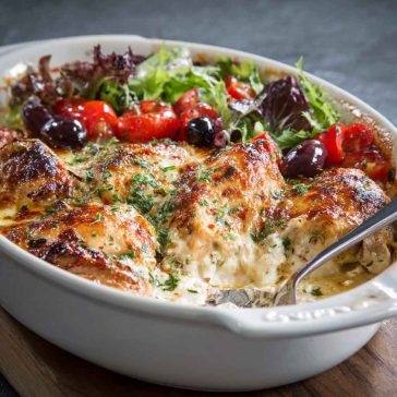 Greek chicken casserole with herbs, lemon, and baked vegetables in a single dish.