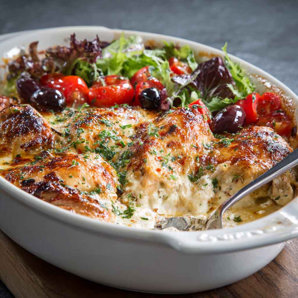 Greek chicken casserole with herbs, lemon, and baked vegetables in a single dish.