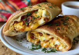 Homemade breakfast hot pockets filled with eggs, cheese, and sausage.