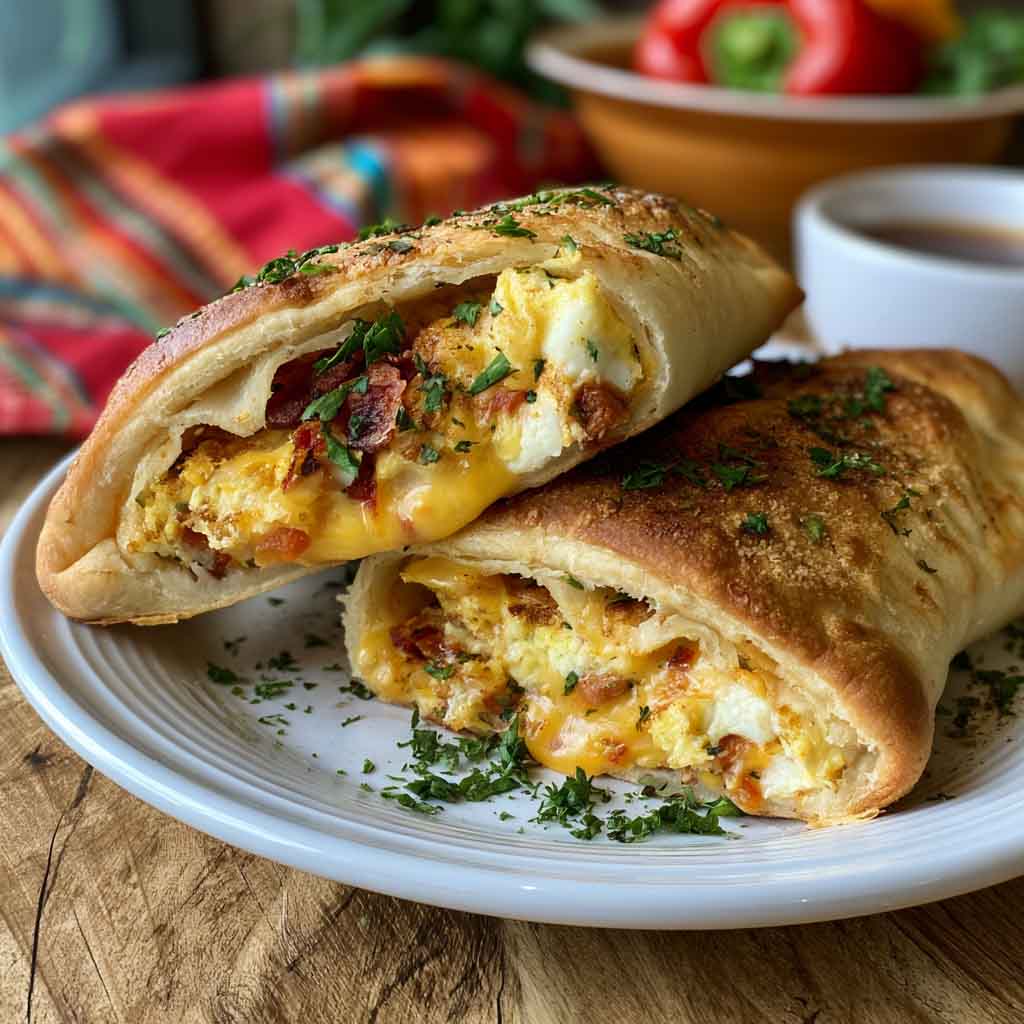 Homemade breakfast hot pockets filled with eggs, cheese, and sausage.
