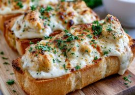 Chicken Alfredo garlic bread topped with melted cheese and creamy sauce.