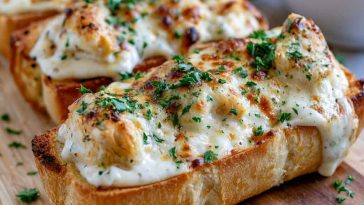 Chicken Alfredo garlic bread topped with melted cheese and creamy sauce.