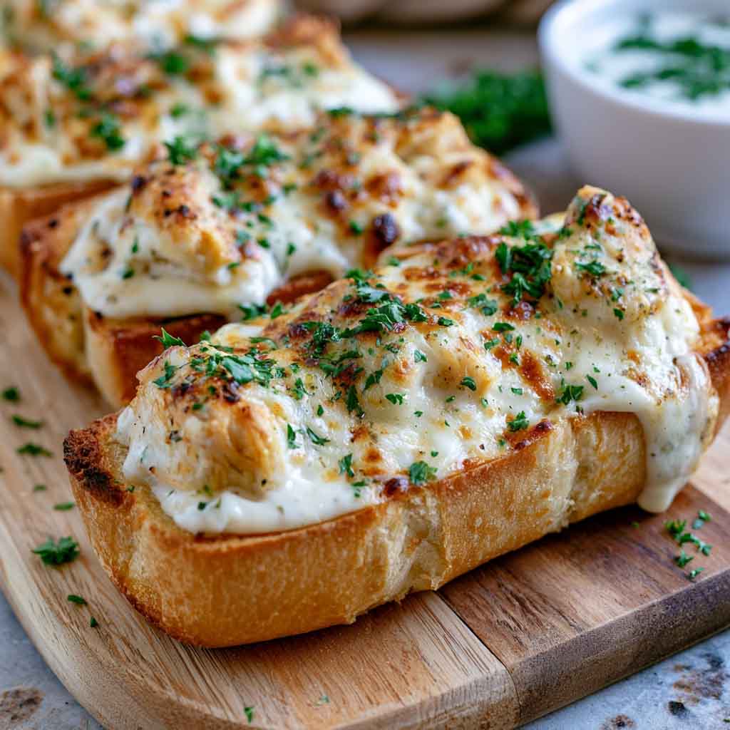 Chicken Alfredo garlic bread topped with melted cheese and creamy sauce.