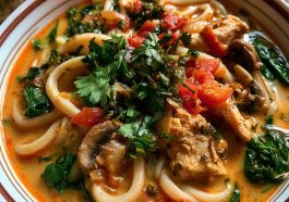 Thai-inspired coconut red curry chicken udon in a bowl with creamy sauce, tender chicken, chewy udon noodles, and fresh herbs on top.