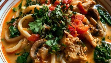 Thai-inspired coconut red curry chicken udon in a bowl with creamy sauce, tender chicken, chewy udon noodles, and fresh herbs on top.