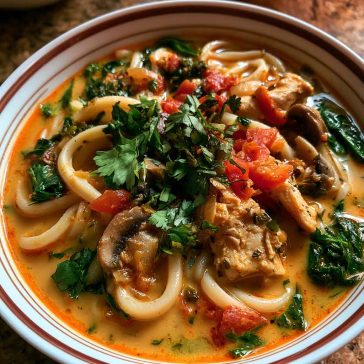 Thai-inspired coconut red curry chicken udon in a bowl with creamy sauce, tender chicken, chewy udon noodles, and fresh herbs on top.
