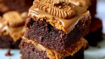 Fudgy Biscoff brownies with swirls of cookie butter on top, cut into squares with a rich, gooey center.