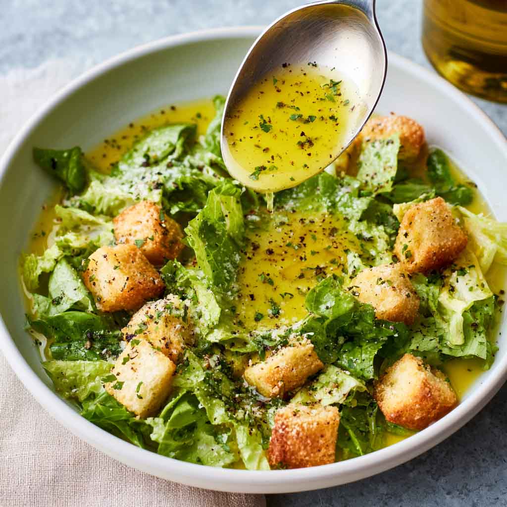 A small glass jar of homemade parmesan vinaigrette dressing with fresh salad greens in the background.