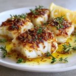 Baked cod with lemon and garlic, Mediterranean style, light and healthy.