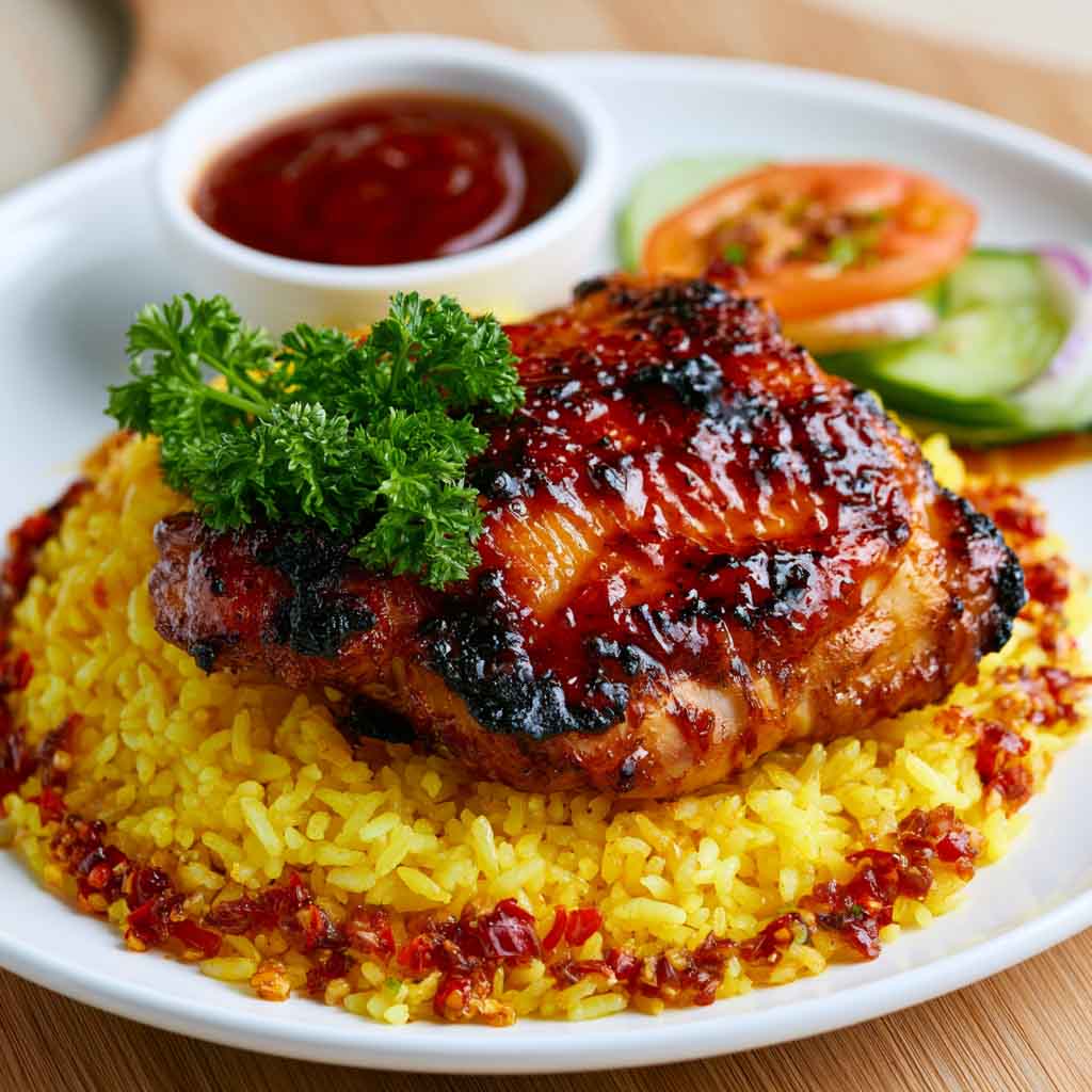 Honey BBQ chicken served over fluffy rice, glazed with a sweet and smoky sauce and garnished with green onions and sesame seeds.