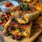 Golden crispy beef and cheese chimichangas filled with seasoned ground beef and melted cheese, served with salsa and sour cream.