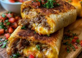 Golden crispy beef and cheese chimichangas filled with seasoned ground beef and melted cheese, served with salsa and sour cream.