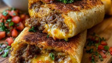 Golden crispy beef and cheese chimichangas filled with seasoned ground beef and melted cheese, served with salsa and sour cream.