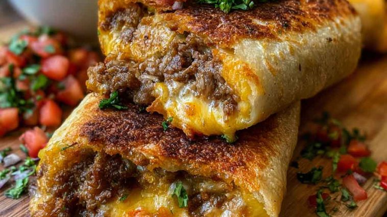Golden crispy beef and cheese chimichangas filled with seasoned ground beef and melted cheese, served with salsa and sour cream.
