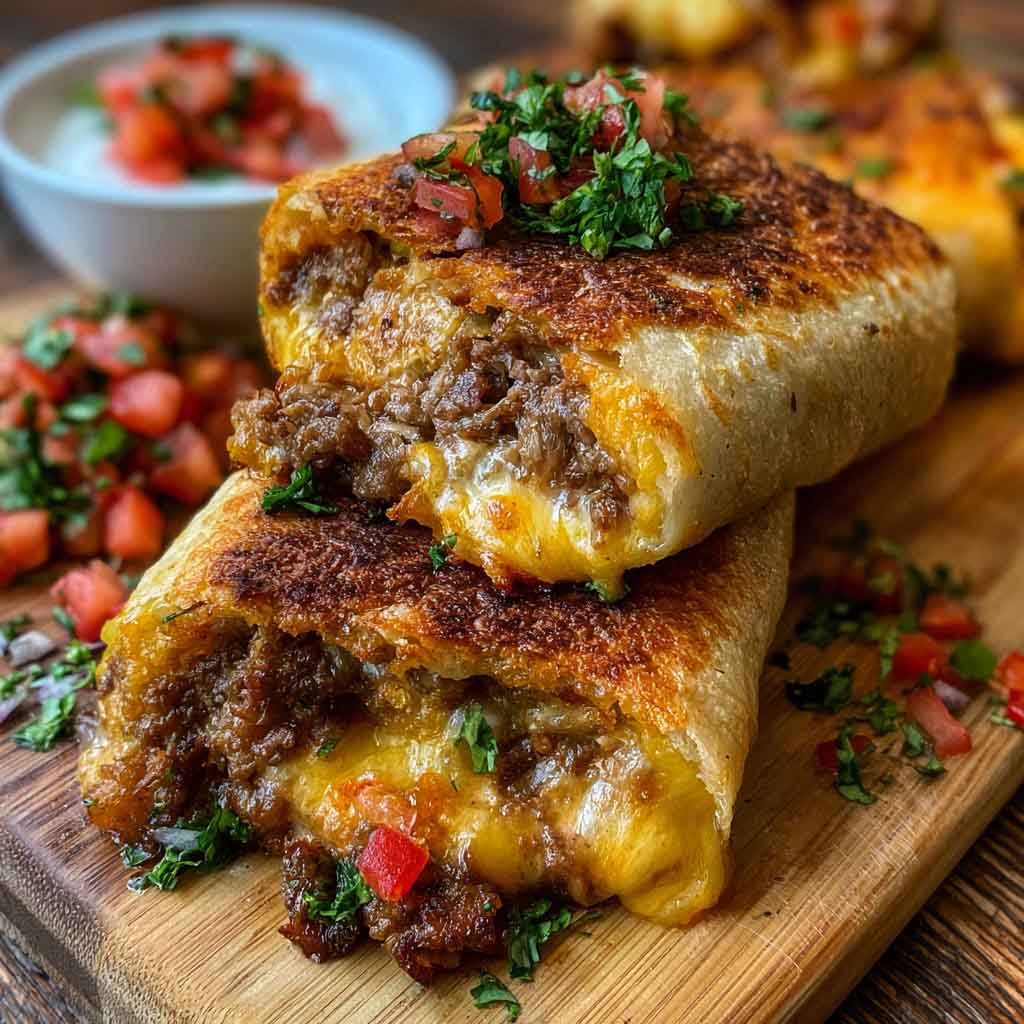Golden crispy beef and cheese chimichangas filled with seasoned ground beef and melted cheese, served with salsa and sour cream.