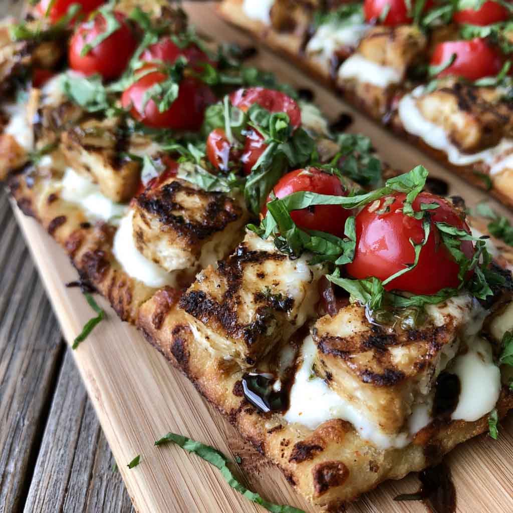 Chicken Caprese flatbread topped with mozzarella, tomatoes, basil, and balsamic glaze.