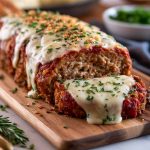 Garlic Parmesan meatloaf sliced on a plate with herbs and sauce