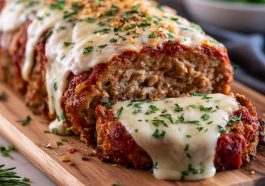 Garlic Parmesan meatloaf sliced on a plate with herbs and sauce