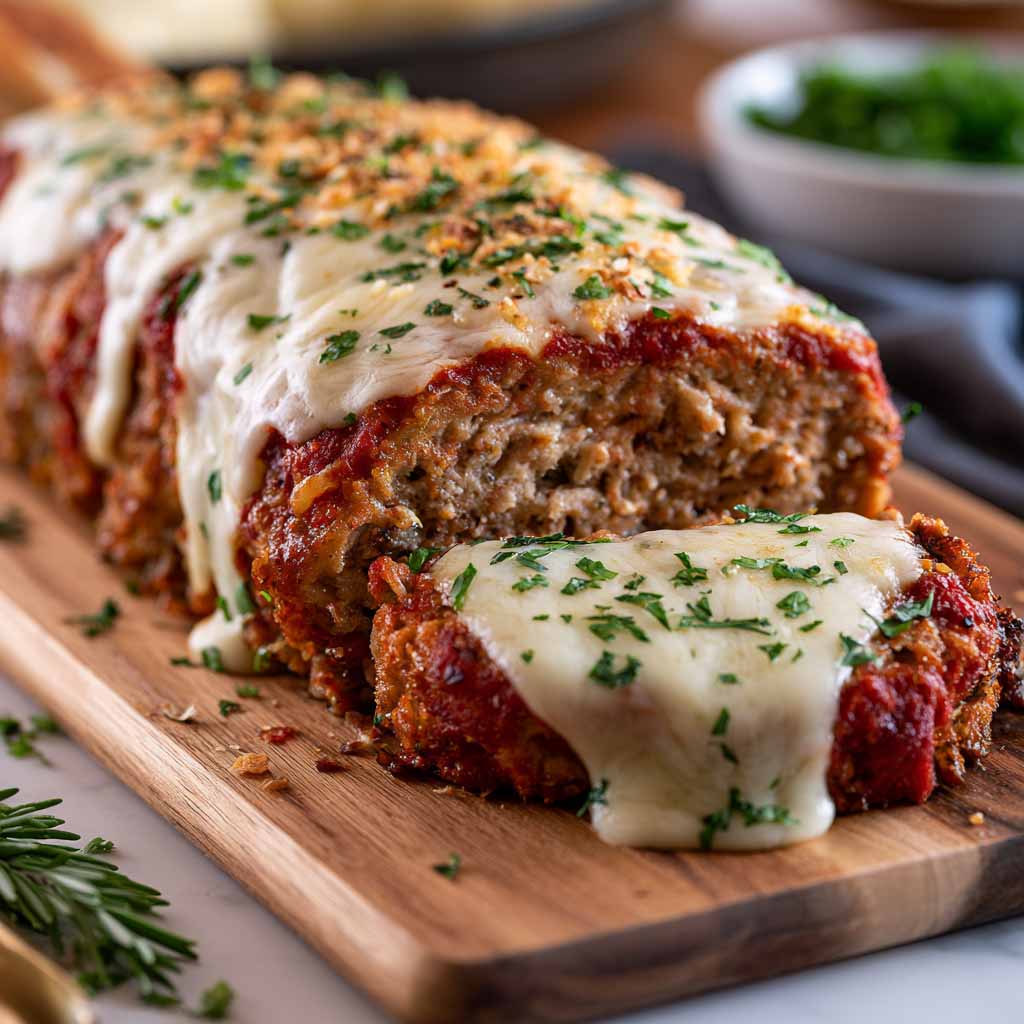 Garlic Parmesan meatloaf sliced on a plate with herbs and sauce