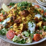 Chicken shawarma crispy rice salad with spiced chicken and crunchy rice.