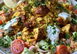 Chicken shawarma crispy rice salad with spiced chicken and crunchy rice.