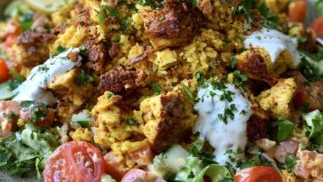 Chicken shawarma crispy rice salad with spiced chicken and crunchy rice.