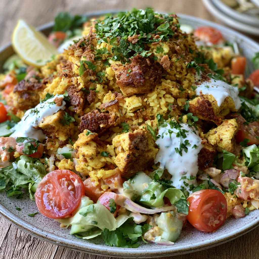 Chicken shawarma crispy rice salad with spiced chicken and crunchy rice.
