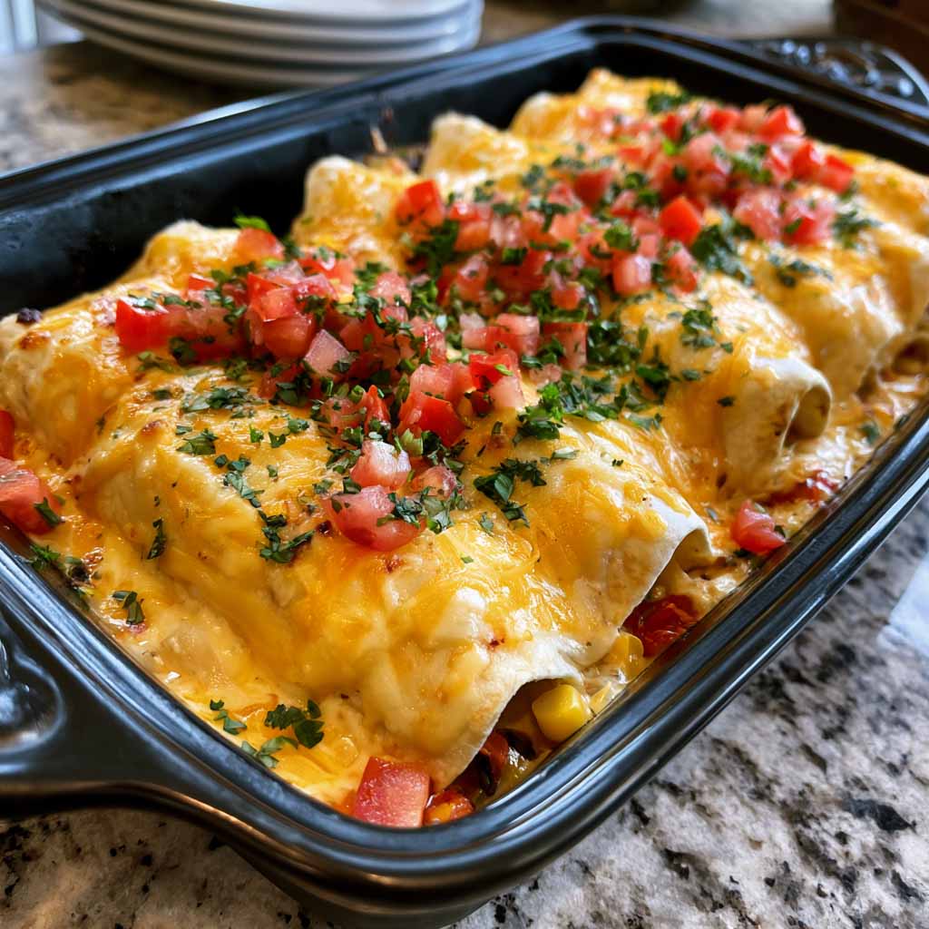Chicken enchiladas covered in creamy queso sauce, cheesy and baked.