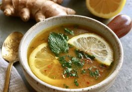 Warm miso broth with ginger and lemon, light and soothing.