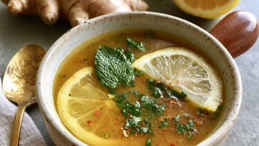 Warm miso broth with ginger and lemon, light and soothing.