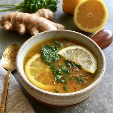Warm miso broth with ginger and lemon, light and soothing.