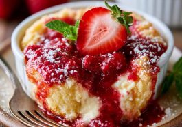 Strawberry cream cheese cobbler baked golden with juicy strawberries and creamy filling.