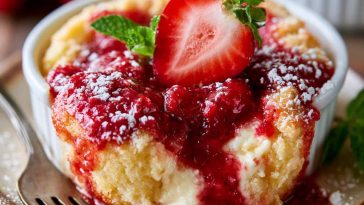 Strawberry cream cheese cobbler baked golden with juicy strawberries and creamy filling.
