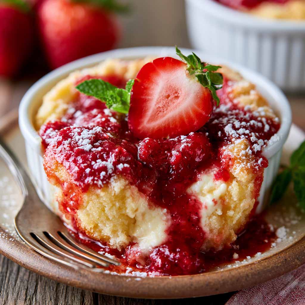 Strawberry cream cheese cobbler baked golden with juicy strawberries and creamy filling.