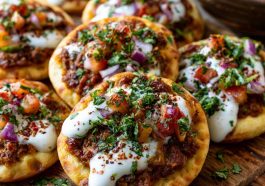 Mini lahmacun bites topped with spiced meat and yogurt drizzle.