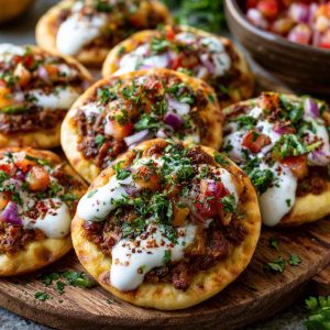 Mini lahmacun bites topped with spiced meat and yogurt drizzle.