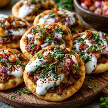 Mini lahmacun bites topped with spiced meat and yogurt drizzle.
