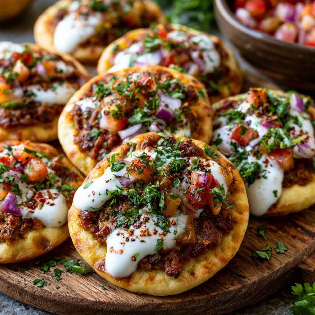 Mini lahmacun bites topped with spiced meat and yogurt drizzle.