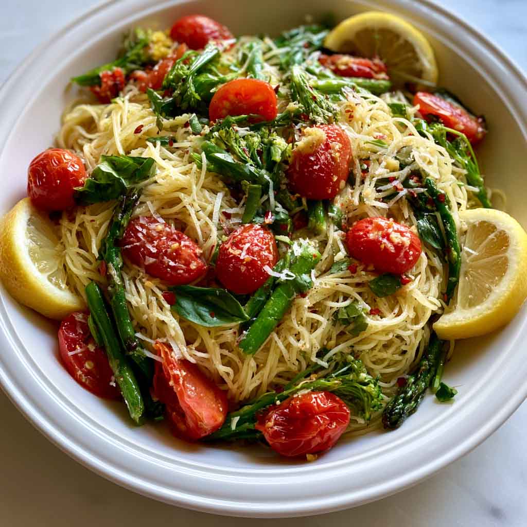 A bright and refreshing Lemon Capellini Salad with thin pasta, fresh herbs, and zesty lemon dressing served in a rustic bowl.