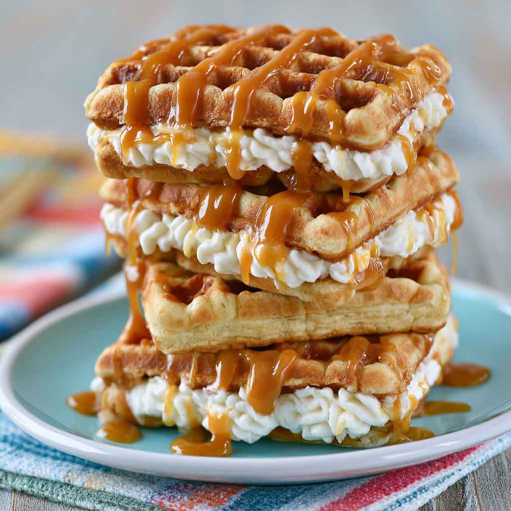 Caramel cream waffle sandwiches made with fluffy waffles filled with whipped cream and drizzled with rich caramel sauce.