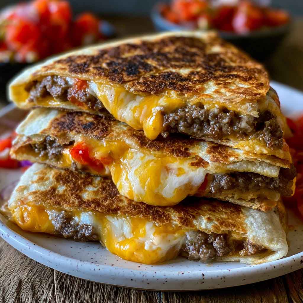 Crispy smashburger quesadillas filled with seasoned ground beef, melted cheese, and sauce, toasted until golden and sliced into wedges.