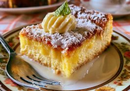 Light lemon custard cake dusted with powdered sugar, featuring soft cake layers and a creamy lemon custard center.