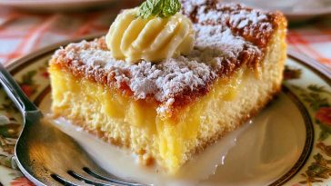 Light lemon custard cake dusted with powdered sugar, featuring soft cake layers and a creamy lemon custard center.